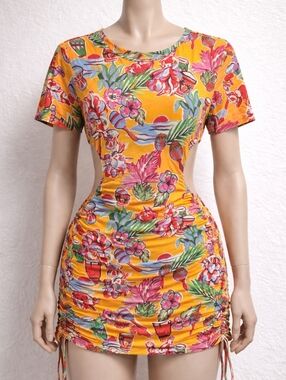 ZARA Tropical Dress Yellow Print Cotton Ruched Waist Size M